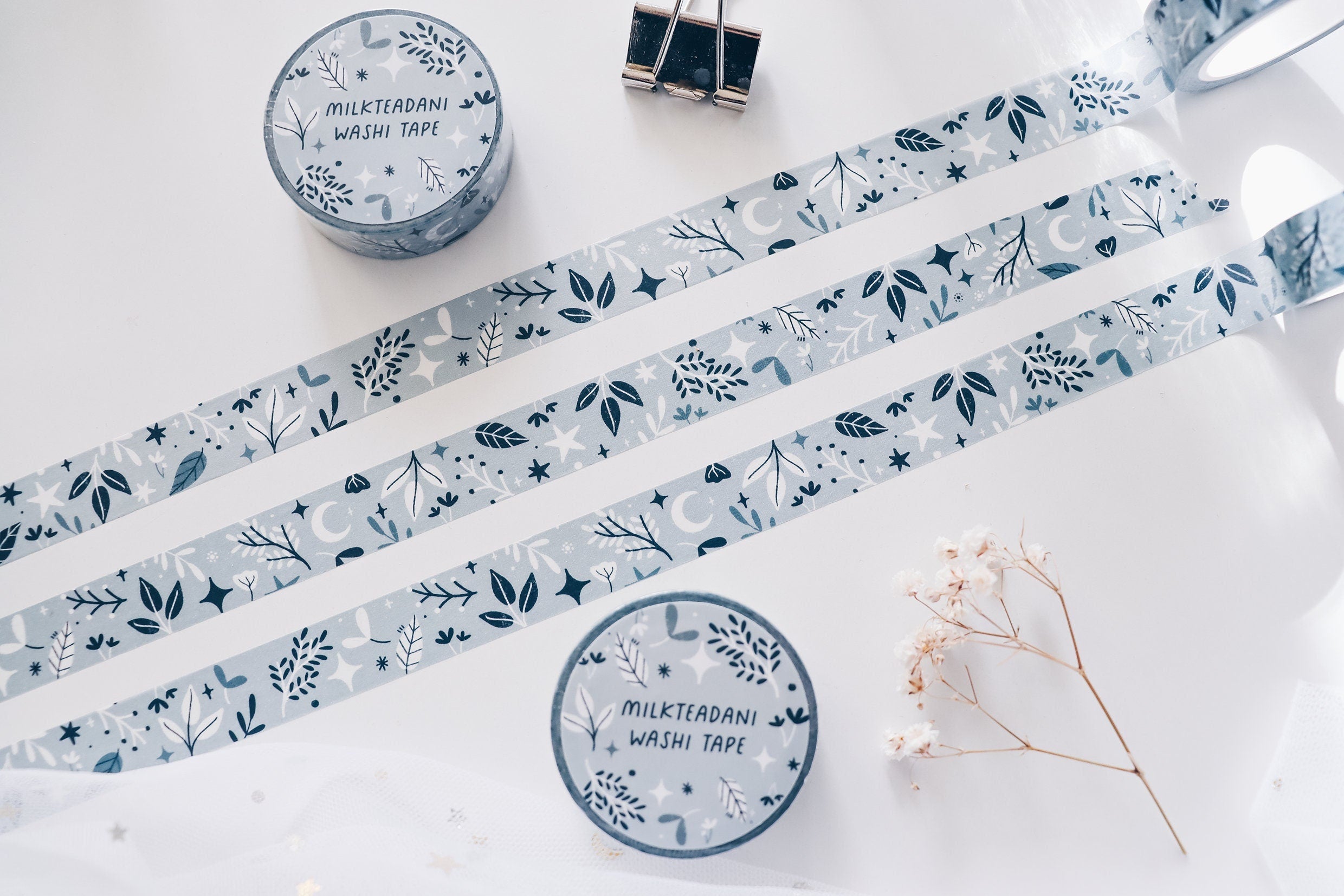 Washi Tape Rolls | Blue Background Star Printing | Washi Tape Size: 15mm x  10mm | SKU # WT0043