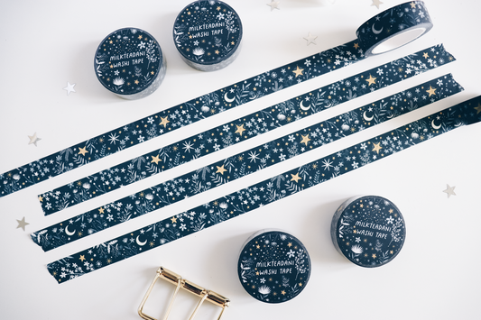 Washi Tape Rolls | Blue Background Star Printing | Washi Tape Size: 15mm x  10mm | SKU # WT0043