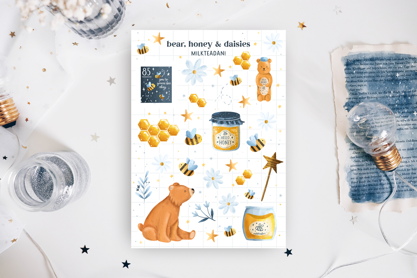 Sticker Sheet - Bear, Honey & Daisies