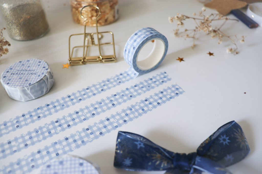 Washi Tape - 15MM Blue Gingham Flowers