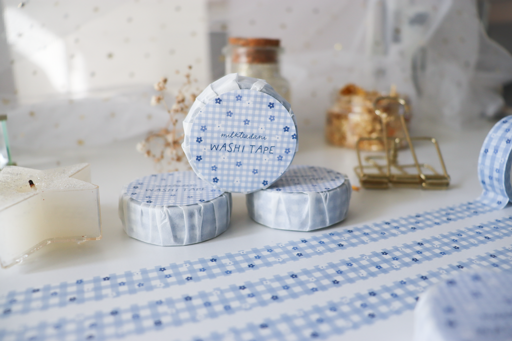 Washi Tape - 15MM Blue Gingham Flowers