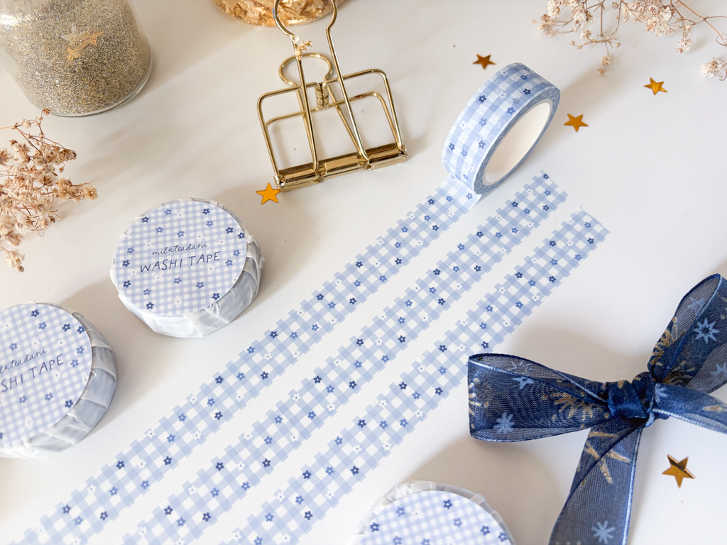 Washi Tape - 15MM Blue Gingham Flowers