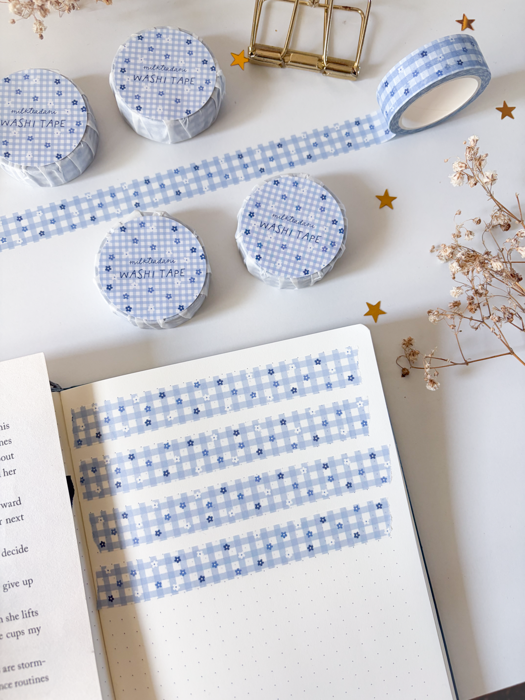 Washi Tape - 15MM Blue Gingham Flowers