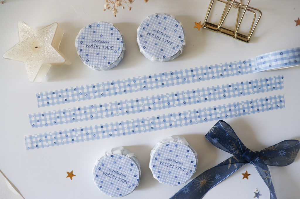 Washi Tape - 15MM Blue Gingham Flowers